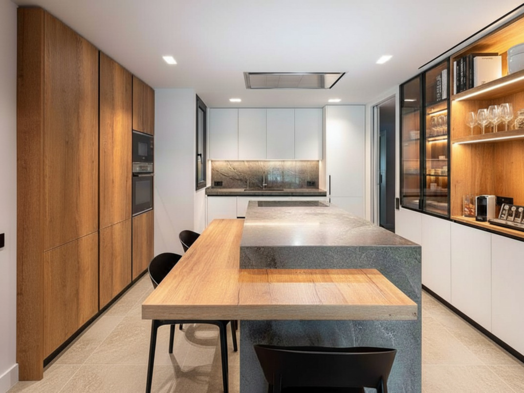 Cocina a medida con isla central y diseño funcional contemporáneo