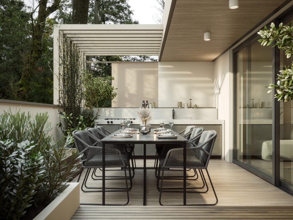 Terraza exterior con diseño arquitectónico y zona de comedor integrada