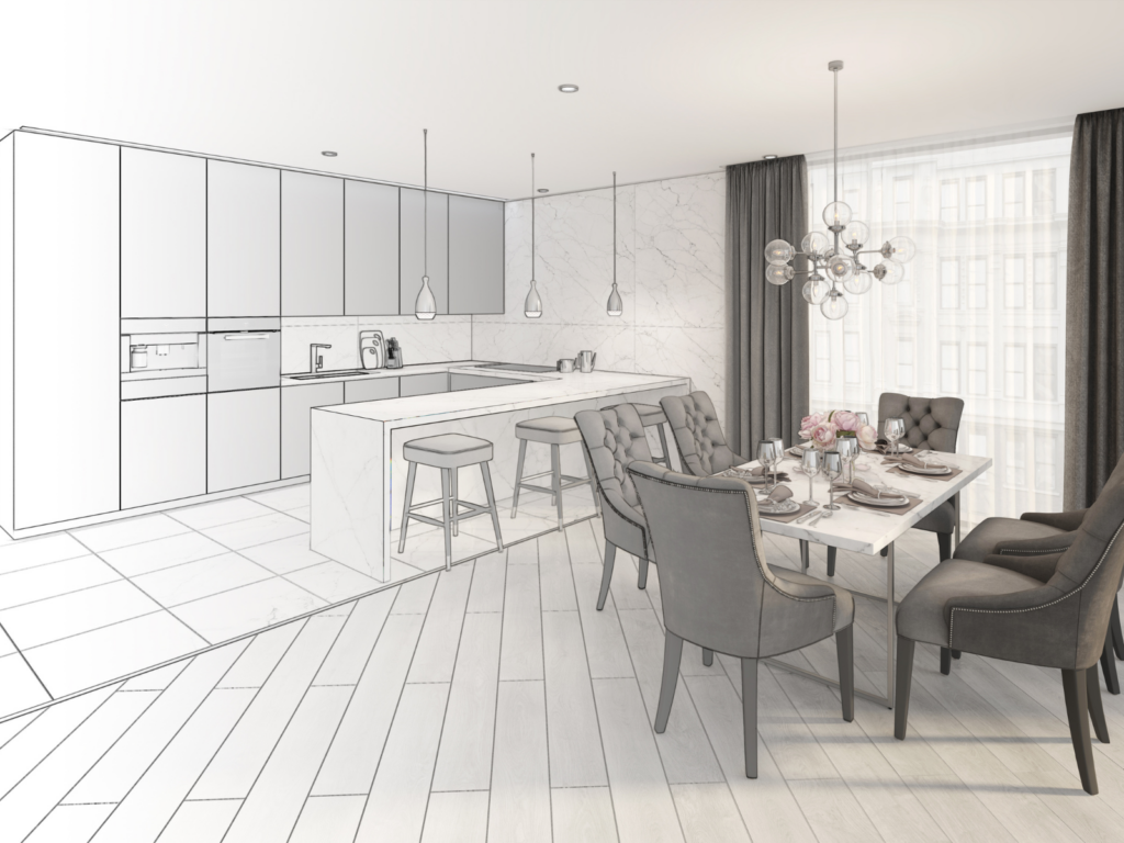 Diseño interior de cocina y comedor moderno realizado por Entornos Inteligentes DC en Madrid Norte